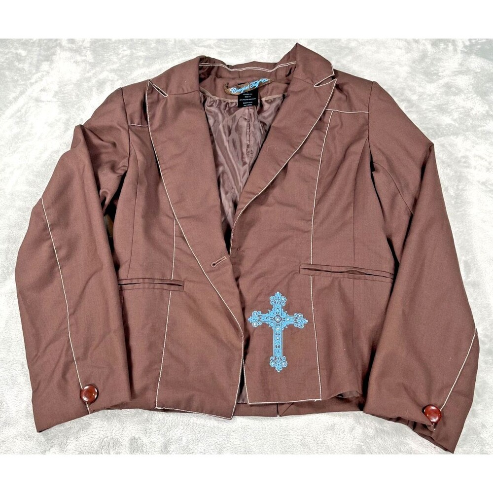 Cowgirl Tuff Co Womens Brown Western Blazer Jacket Turquoise Cross L